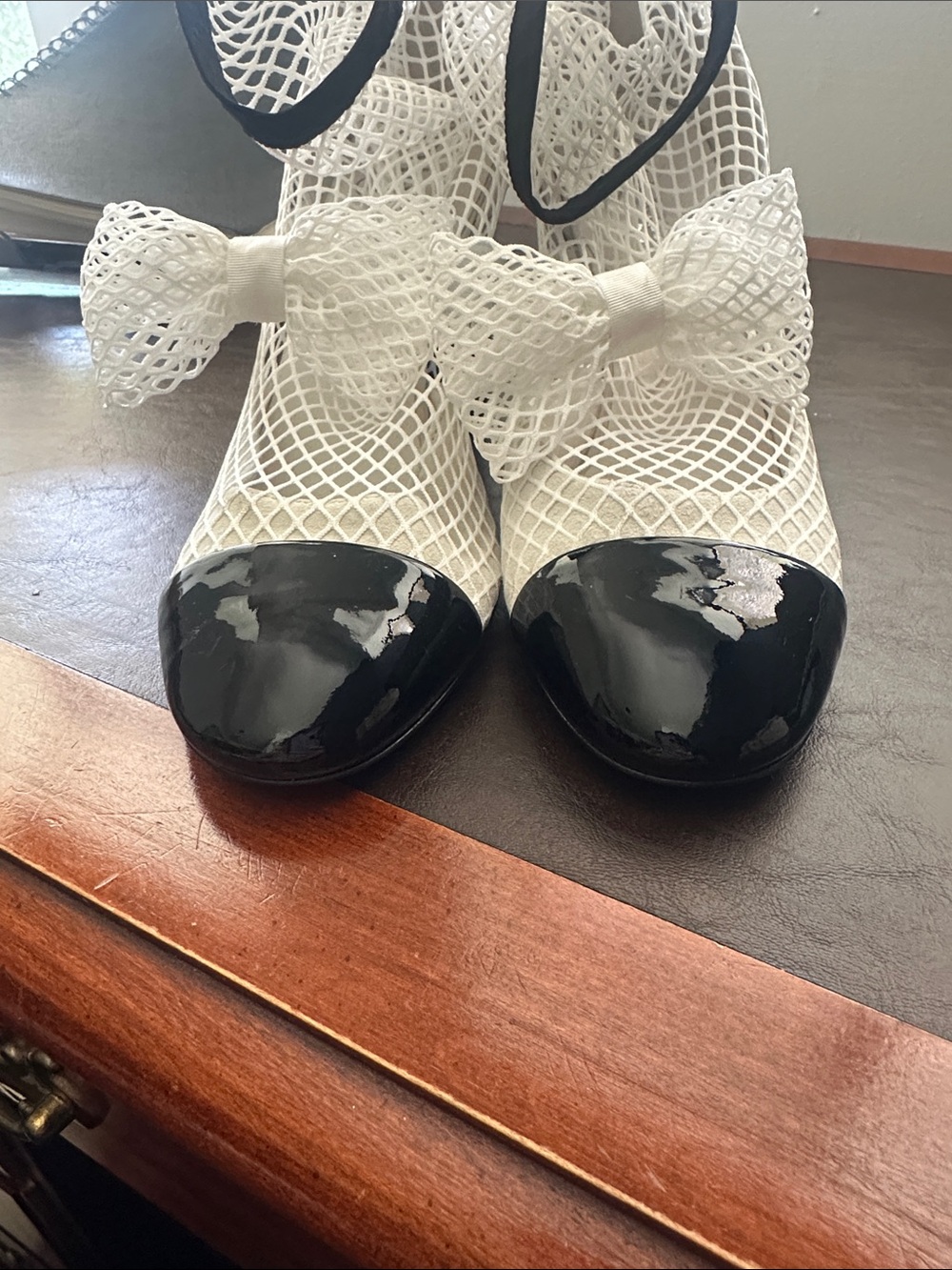 CHANEL White Mesh Bow Block-Heel Sock Boots with Black Patent Toe - Picture 6 of 6